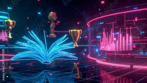 Neon educational concept, digital learning, glowing icons, books, trophies, data charts, floating in futuristic cyberspace, illustrating gamified learning, interactive knowledge, technology-driven edu