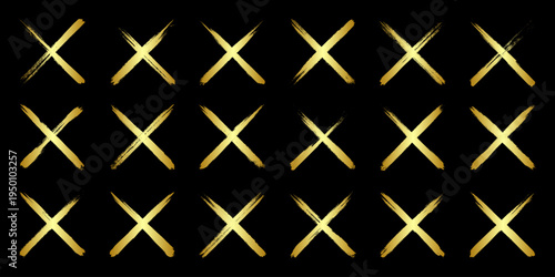 Golden grunge crosses, brush strokes, lines, ink smudges, hand-drawn scribble shapes. Handmade sketchy marks, acrylic stains, charcoal streaks. Paint textures, dry brush effect. Vector illustration