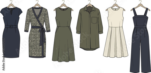 Create a realistic kinds of deferent smart modern women dress vector art with white background.