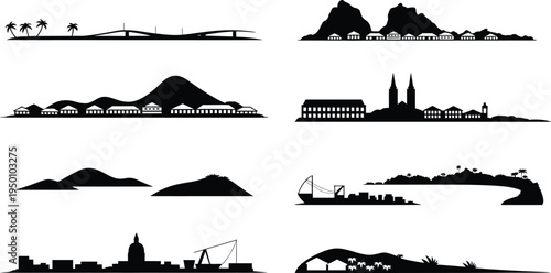 Panoramic black silhouettes of island landscapes featuring bridges mountains and coastal ships