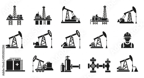 Oil Industry Icons - Silhouette Illustrations of Oil Rigs and Equipment.