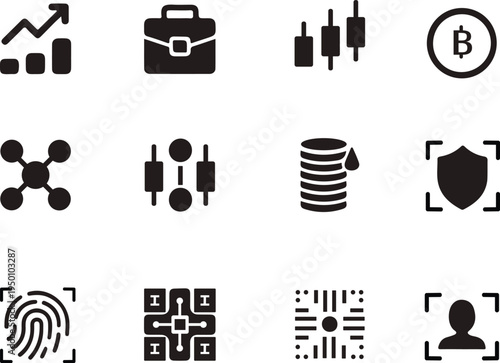 Fintech and Digital Economy Black Solid Icon Set