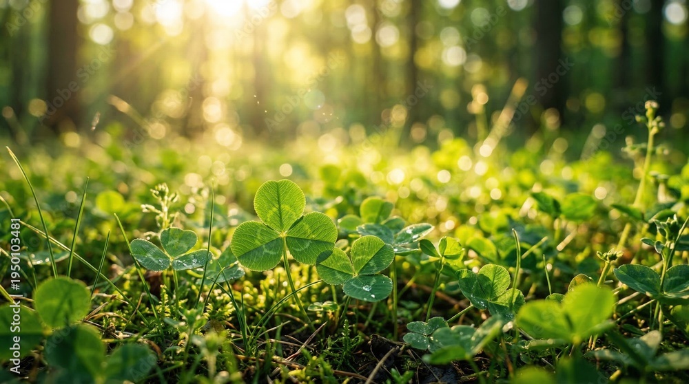Obraz premium patrick's day macro shot of three-leaf clovers featuring translucent water droplets on their surface, set against a soft bokeh background of sun-drenched woods.