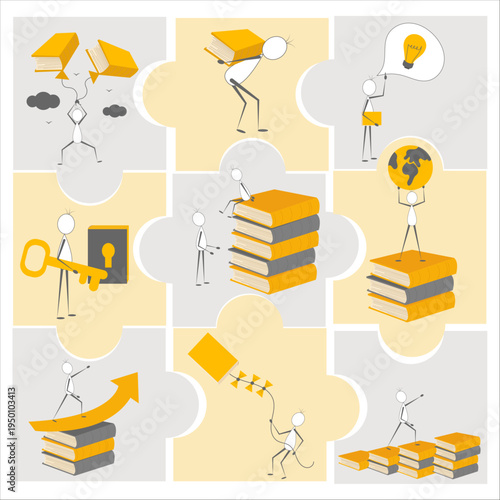 Set of stick figure characters in puzzle pieces representing education, growth, and creative problem solving.