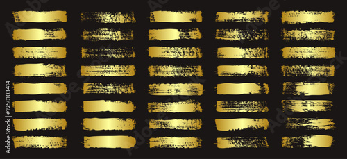 Golden brush strokes, lines, ink smudges, hand-drawn scribble shapes. Handmade sketchy marks, acrylic stains, charcoal streaks. Paint textures, dry brush effect. Marker underline. Vector illustration