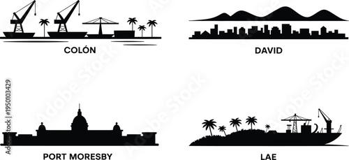 Set of black silhouettes vector skylines of world cities port moresby lae colón and david panama