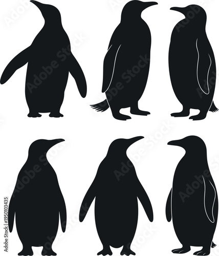 Set of penguin silhouettes, vector black emperor penguin icons, antarctic wildlife animals for nature graphic design