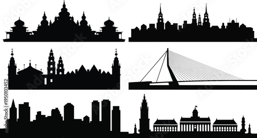 Set of city skylines silhouettes featuring various international locations and architectural styles