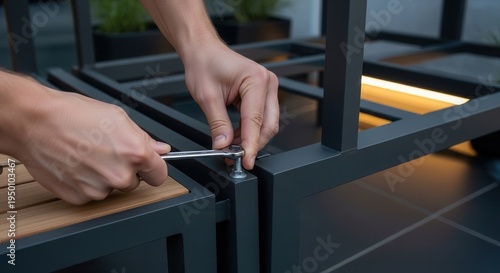 Assembling a modern outdoor furniture set using a screwdriver and screws, focusing on the hands holding the tool