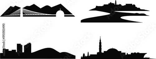 Set of four black silhouette city skylines and landmarks vector graphics isolated