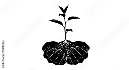 Hands holding small plant with roots silhouette vector environmental growth concept