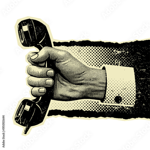 Hand Holding a Retro Telephone Handset Vintage Halftone Illustration