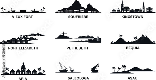 Vector silhouette set of caribbean port towns including kingstown and soufriere for web design