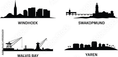 Windhoek Swakopmund Walvis Bay Yaren vector city travel silhouettes collection famous landmarks and infrastructure