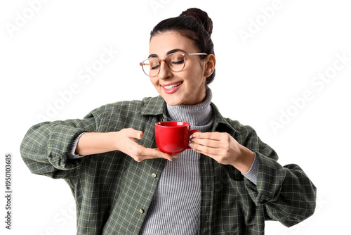 Happy young woman with red ...