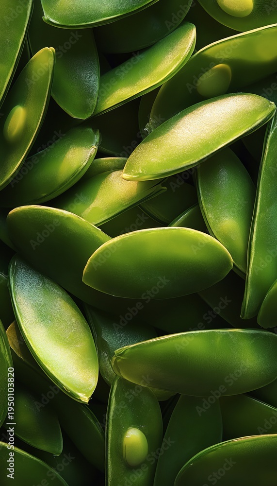 Obraz premium Vibrant Green Delight A Seamlessly Tiled Composition of Sliced Pea Pods with Lush Inner Peas