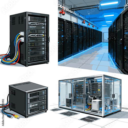 Create a realistic kinds of deferent Server room vector art with white background..