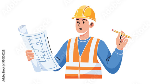 Construction Architect at Work: An architect, clad in a safety vest and helmet, reviews architectural plans with a pencil in hand.