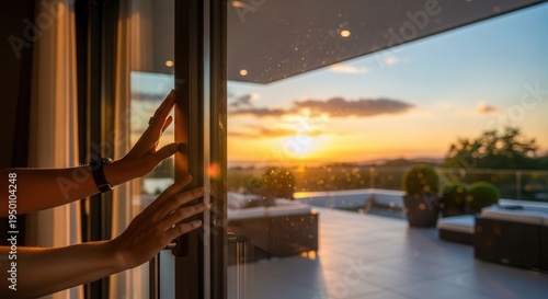 Hands opening glass door to a beautiful sunset view over a balcony terrace with outdoor furniture