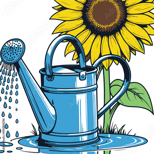Colorful bold line art illustration of a watering can watering a smiling sunflower, cheerful gardening concept, thick vector outlines, bright colors, minimal style, white background 2