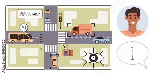 Smart transportation, AI technology, autonomous vehicles, road safety, urban management, data analysis. City traffic with AI, sensors and monitoring system. Smart transportation and AI technology