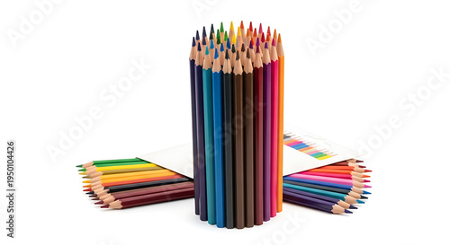 Multicolor Pencils Arranged in Creative Fan Display with Box on White Background