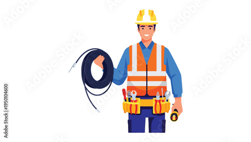 Electrical Worker with Cable: A skilled electrical worker, equipped with a comprehensive tool kit and wearing a protective vest, confidently holds a coiled cable.