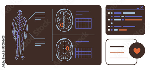 Health technology, medical innovation, neuroscience, diagnostic tools, data visualization, software interface. Human anatomy and brain scans alongside software interface components. Health technology
