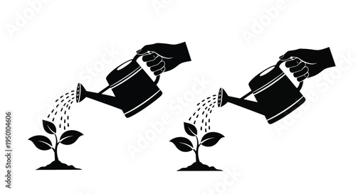 Hands holding watering cans pouring water onto sprouting plants