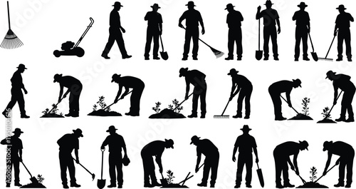 Gardener worker silhouettes set, landscaping people planting and raking garden, agriculture maintenance activity, lawn care tools collection, outdoor worker black vector illustration
