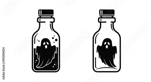 Two black and white illustrations of ghosts contained within glass bottles
