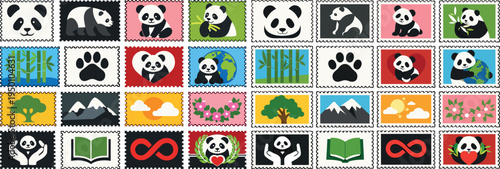 National Panda Day Stamp Collection with Panda and Nature Symbols