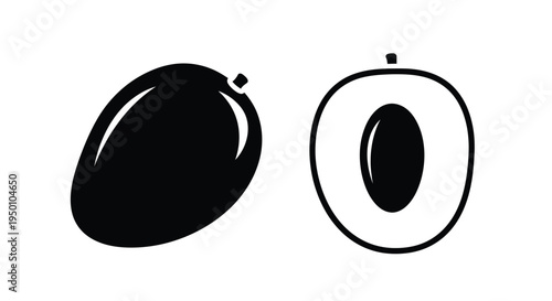 A whole and halved olive depicted in a simple black and white style