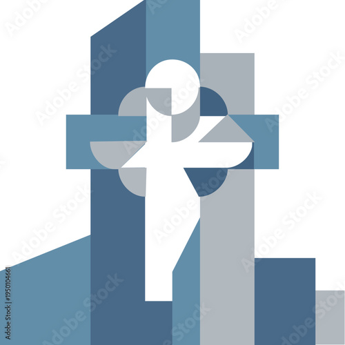 Modernist Mosaic Cross Vector with Overlapping Circular and Rectangular Geometric Shapes. A complex modernist interpretation of the Christian cross, utilizing negative space and overlapping circular 