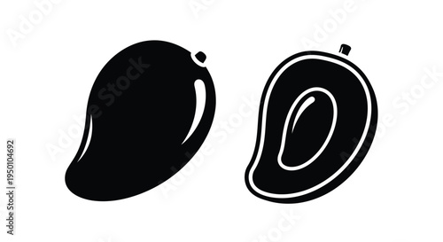 Black and white illustration of a whole and halved mango fruit