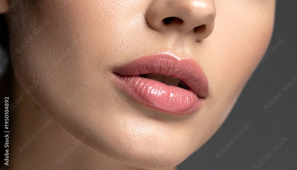 Naklejka premium Womans Lips with Pink Lipstick Closeup.