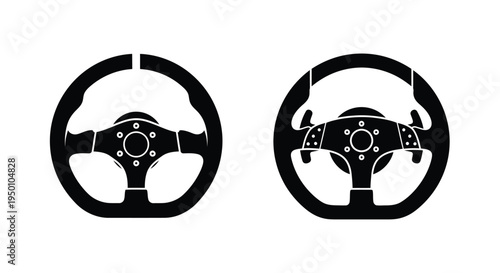 Two black and white illustrations of racing steering wheels are shown