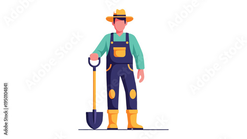 Farmer Standing with Shovel: A farmer in overalls and a straw hat stands with a shovel, ready for a day of work in the field. Representing hard work and a connection to the land.