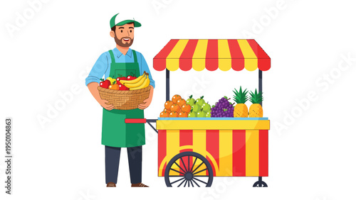 Fruit Seller's Bounty: A vibrant fruit seller stands proudly beside his colorful cart, overflowing with a variety of fresh, ripe produce, inviting customers to enjoy nature's sweetness.