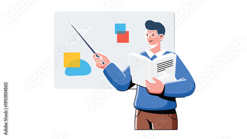 Teacher Explaining Lesson: An educator, holding a book, uses a pointer to illustrate concepts on a whiteboard, conveying the essence of knowledge dissemination and guidance.