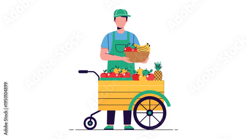 Fruit Vendor's Fresh Offerings: A vibrant illustration depicts a friendly fruit vendor standing proudly beside his cart, overflowing with an array of fresh, colorful fruits ready to be enjoyed.