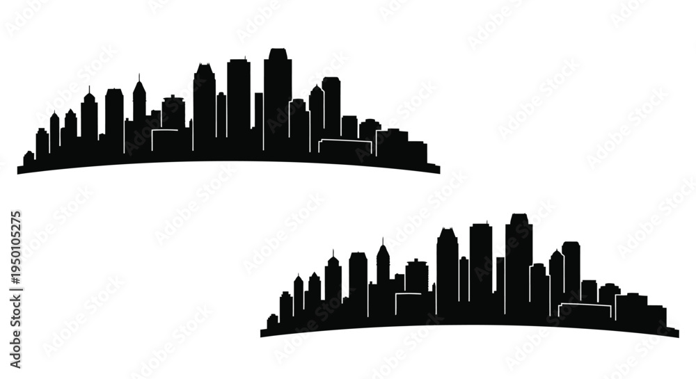 Obraz premium Black silhouette of a city skyline repeated twice on a white background