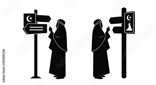 Pilgrim figures point toward direction indicators with islamic symbolism