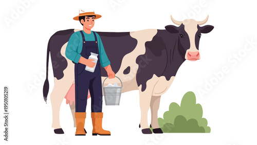 Dairy Farmer and Cow: A friendly farmer, adorned in work attire, stands proudly beside a majestic cow, holding a bucket and carton of fresh milk.