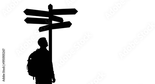 Backpacker looking at directional signpost silhouette vector choice and travel concept