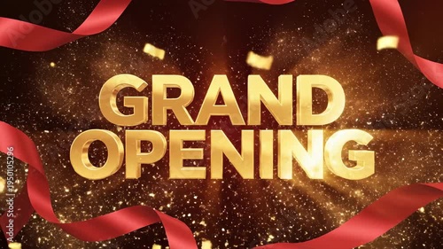 Video of Grand Opening Banner – Cinematic text animation, festive style, vibrant celebration intro for business launch, retail promotion, store announcement and marketing campaign, bold glowing