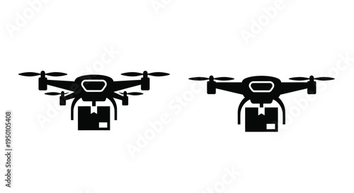 Two black drone icons delivering packages against a white background