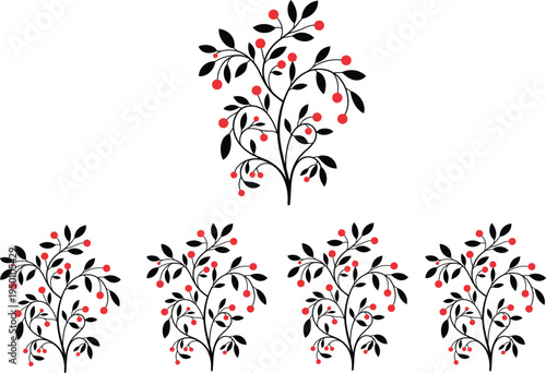 Decorative berry branch silhouettes with black leaves and red berries vector illustration set