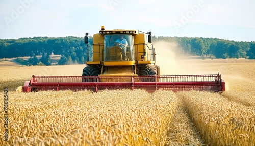 Agricultural combine harvester working diligently in ripe wheat field during summer harvest season