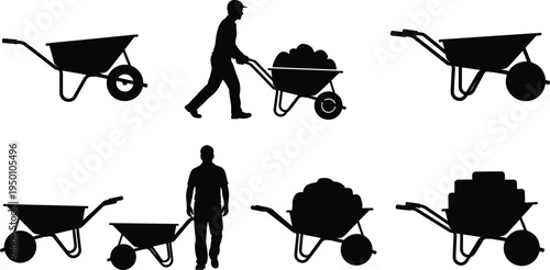 Wheelbarrow silhouettes collection, construction worker pushing barrow with soil and bricks, manual labor transport tool set, building equipment vector illustration